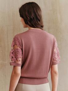 Anewsta 女式秋季花卉网眼圆领短袖针织上衣春季女装 - 中紫紅色 - 查看 3