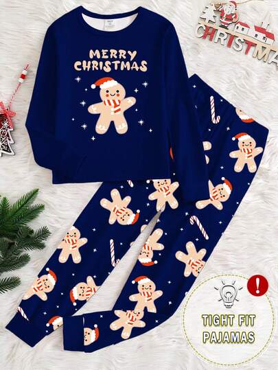 Tween Boys Gingerbread & Candy Cane Print Crew Neck Long Sleeve Snug Fit Pajama Set, 2pcs, Autumn Kids Christmas Pjs Snug Fit