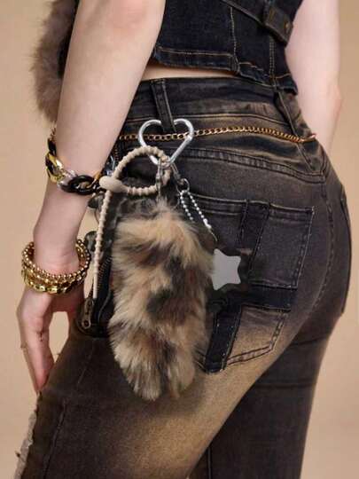 Grunge Punk 1pc Y2K Retro Adorable High-Quality Brown Plush Faux Leopard Print Animal Tail Keychain & Keyring, Fashionable Accessory Suitable For Women And Girls, Great Gift Idea