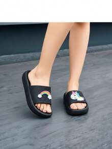 Niña sandalias cómodas decoración unicornio punta abierta plana estilo lindo uso diario hogareño/fiestas zapatillas - Negro - Ver 3