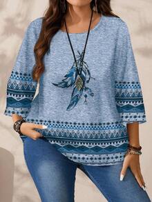 EMERY ROSE Blusa larga con collo rotondo e maniche 3/4 con motivo a piume, per donne taglie forti, adatta per autunno/inverno