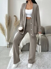 EURMUSE Women's Oversized Cardigan And Knit Pants Set - Grey - View 3