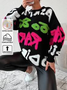 EURMUSE Letter Pattern Drop Shoulder Sweater - Black and White - View 1