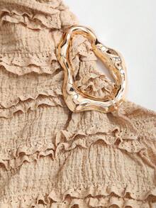 Sweetra Women's New Textured Fabric Asymmetric Hem Long Sleeve Blouse With Metal Decor, Suitable For Commuting And Outings, Spring/Summer/Autumn - Khaki - View 3