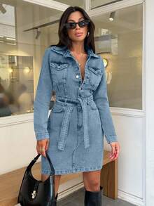 EURMUSE Mini Button And Belt Detailed Rigid Denim Dress - Baby Blue - View 6