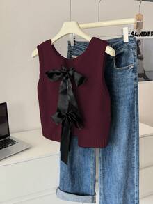 Elamini Women's Fashion Casual Bow Sleeveless Sweater Vest - Burgundy - View 3