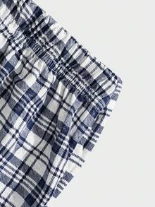 SHEIN Cottnline Bộ đồ ngủ quần kẻ sọc in logo nhỏ tay ngắn cho nam - Màu be - Xem 4