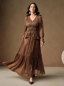 Anewsta 女式花卉装饰长款褶皱连衣裙，优雅礼服 - 咖啡棕 - 查看 7