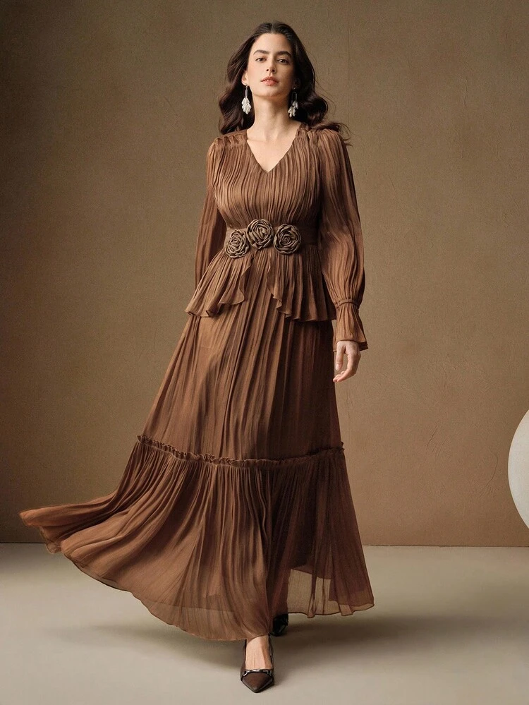 Women's Long Pleated Dress With Floral Decor, Elegant Formal Gown