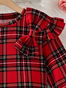 SHEIN Girls' Red Checked Long Sleeve Autumn Dress,Elegant Bow Cap Sleeve Princess Plaid Print Outfits For School,Holiday & Christmas Party,Autumn & Winter - Red - View 6
