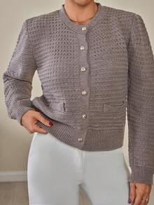 EURMUSE Women Soft Touch Gold Button Front Detailed Knit Cardigan Textured Knit Cardigan With Pearl Buttons, Elegant Round Neck Sweater For Chic Fall Winter Outfits - Chocolate Brown - View 3