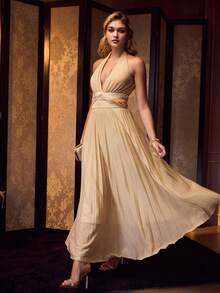 MOTF Soiréza VESTIDO DE FIESTA DE MUJER DE TERCIOPELO CON PATCHWORK Y PLIEGUES - Champán - Ver 6