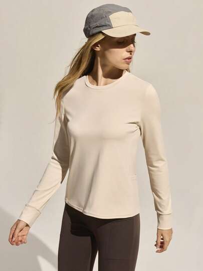 Easithlete 女式长袖运动户外衬衫速干透气上衣轻便防紫外线健身跑步训练上衣杏色带侧口袋