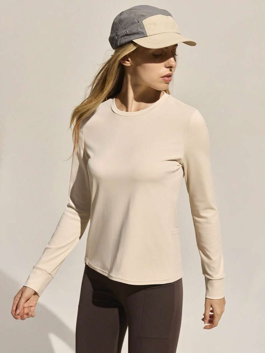 Easithlete 女式长袖运动户外衬衫速干透气上衣轻便防紫外线健身跑步训练上衣杏色带侧口袋 - 杏色 - 查看 1