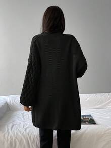 EURMUSE 双口袋开衫，女士冬季休闲口袋落肩超大黑色纯色女士开衫，休闲日常穿着 - 黑色 - 查看 2