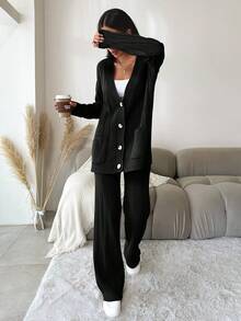 EURMUSE 2pcs Women's Solid Color Button Front Long Sleeve Simple Sweater And Pants Casual Outfit - Black - View 4