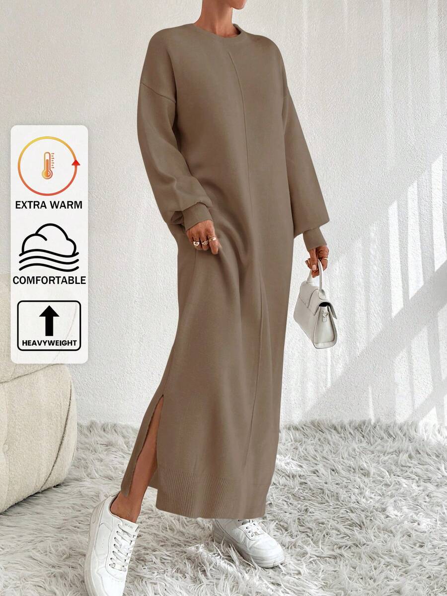 EURMUSE 1pc Drop Shoulder Sweater Dress, Casual Solid Color For Autumn/Winter Daily Wear - Camel - View 1