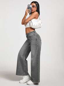 EURMUSE 女式低腰口袋直筒宽松休闲百搭牛仔裤 - 淺灰色 - 查看 4