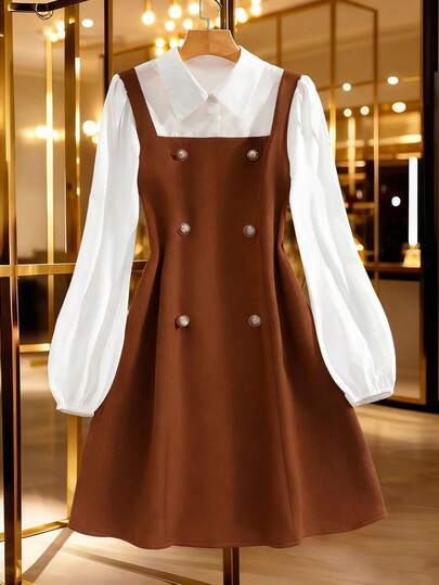 GlowEve 标准尺码女士秋冬衬衫领吊带连衣裙，拼接二合一设计，优雅连衣裙