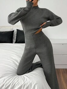 EURMUSE 炭灰色罗纹针织短款高领上衣和阔腿休闲裤套装 - 深灰色 - 查看 3