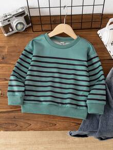 Young Boy Casual Striped Round Neck Drop Shoulder Sweatshirt, Autumn - Mint Green - View 1