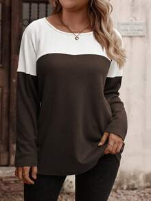 EMERY ROSE Áo thun nữ cổ tròn tay dài màu sắc cỡ lớn có nút trang trí, vải họa tiết kẻ caro nhỏ, mùa thu/đông - Nhiều màu - Xem 5