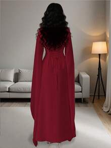 Rafferiza 女士纯色优雅端庄 V 领刺绣开叉长袖超长连衣裙，适合宴会、日常穿着，简约 - 紅色 - 查看 2