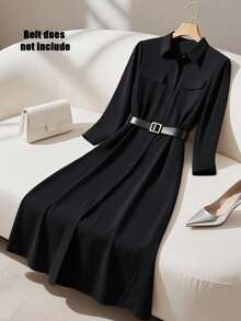 Franclia 休闲黑色纽扣领口袋长款半袖衬衫裙，优雅长款女装 - 黑色 - 查看 1