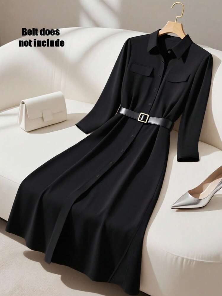 Franclia Avslappnad svart knapphalskrage med fickor, långärmad skjortklänning, elegant maxi-outfit för kvinnor - Svart - Visa 1