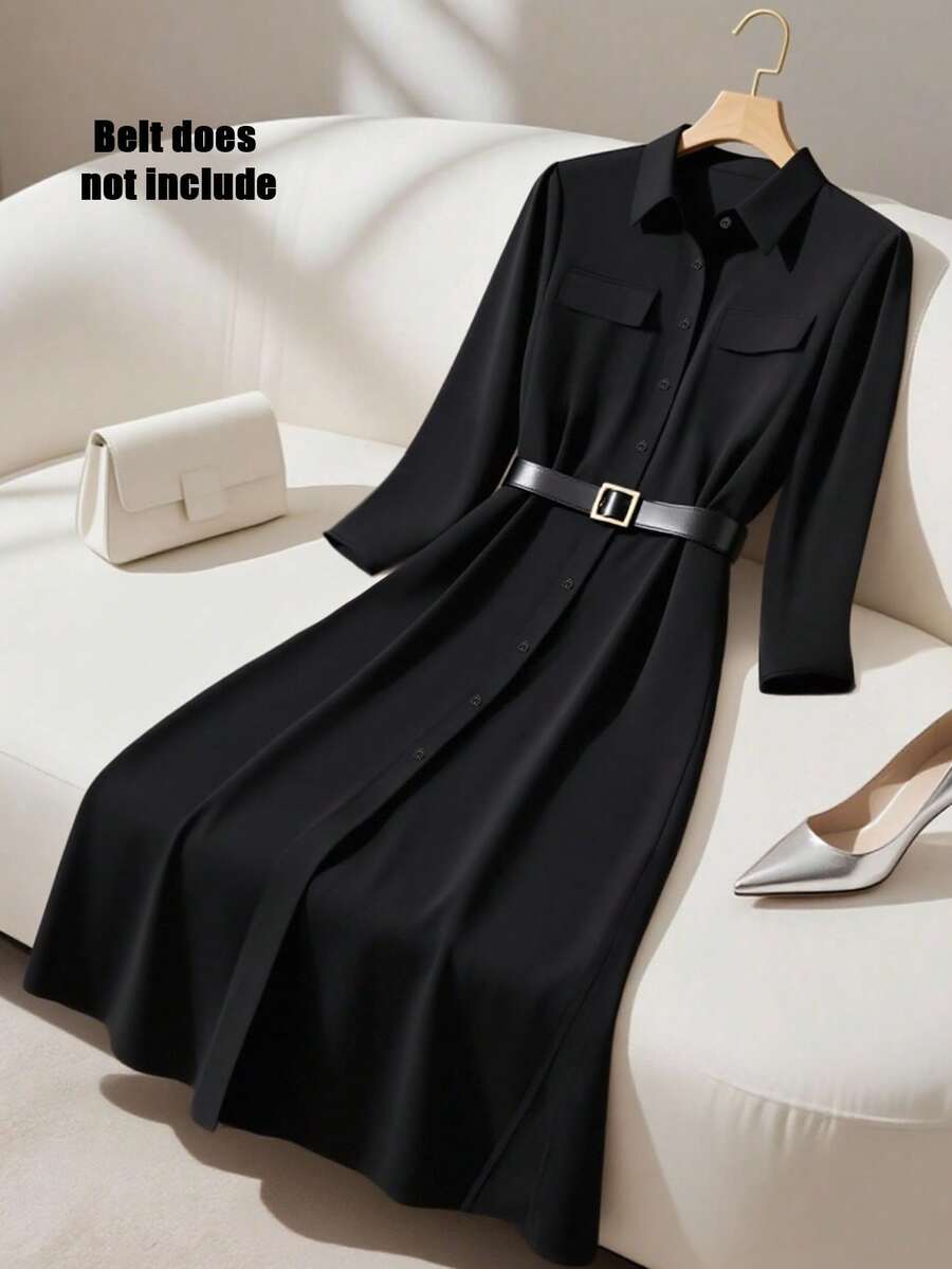 Franclia 休闲黑色纽扣领口袋长款半袖衬衫裙，优雅长款女装 - 黑色 - 查看 1