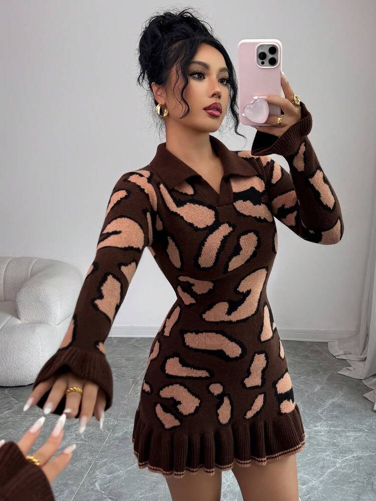 Elenzga Autumn/Winter Fashion Leopard Print Ruffle Hem Bodycon Design Women Sweater Dress - Coffee Brown - View 1