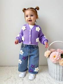 SHEIN Playful Pals Baby Girl Straight Leg Jeans, New Arrival For Autumn/Winter, Blue Denim Single Item, Cute Outdoor Casual Simple Design, Comfortable Home Wear, Colorful Floral Embroidery, Elastic Waist, Loose Fit, Daily, Vacation, Travel, Wardrobe Essential, Party, Fall Season New Release (Top Not Included) - Medium Wash - View 1