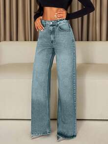 EURMUSE Jean gris clair taille haute 100% coton pour femme - Jean clair - Voir 4