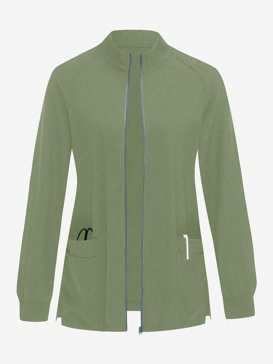 TaskEZ Solid Color Zipper Pocket Fashion Long Sleeve Scrub Uniform Jacket