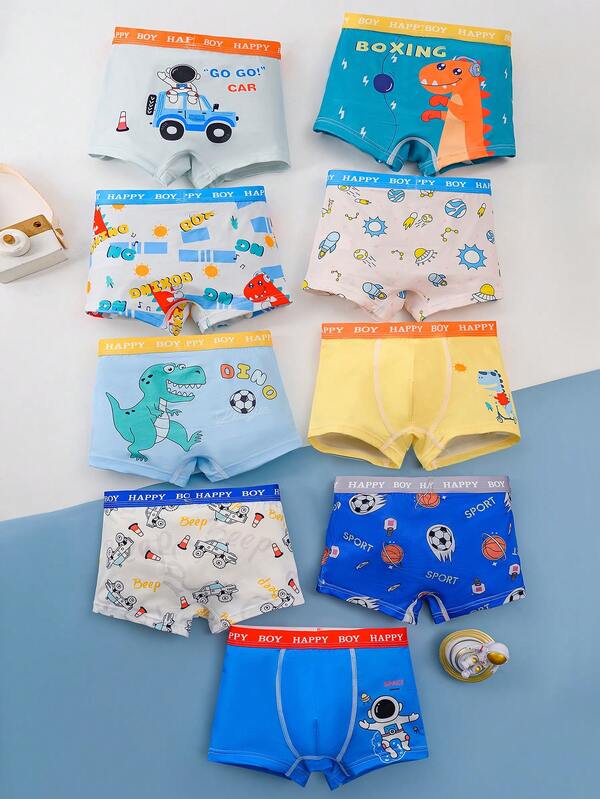 9pcs/Pack Comfortable Cute Cartoon & Letter Pattern Boys' Briefs