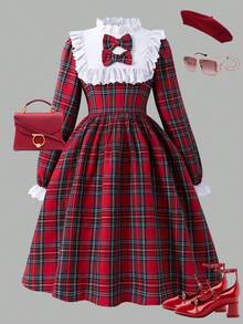 女童荷叶边蝴蝶结蕾丝领格子连衣裙，适合春秋季 - 紅色 - 查看 9