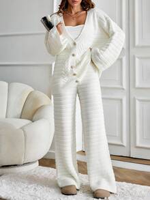 EURMUSE Casual V Neck Cable Knit Textured Pattern Cozy Oversize Balloon Sleeve Button Down Cardigan & Wide Leg High Waist Knitted Pants 2 Pieces Knit Set For Fall Winter Women Outfits White Knit Set Women Two Piece Knit Set White Matching Set Women Womens White Knit Suit White 2 Piece Set Women - Apricot - View 6