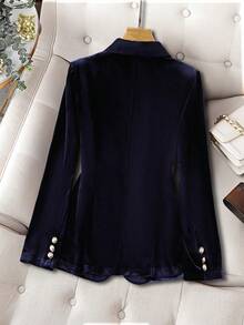 GlowEve CURVE 大码女式秋冬缎面翻领优雅通勤天鹅绒西装外套 - 藏蓝色 - 查看 2