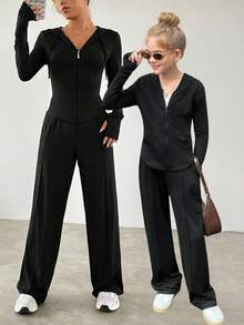 SHEIN Tween 女童纯黑色拉链连帽衫上衣夹克和阔腿裤两件套，适合春秋季休闲装和日常穿着 - 黑色 - 查看 13