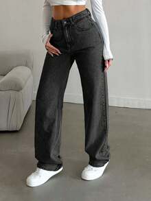 SHEIN Cottnline Snow Wash Straight Leg Jeans High Rise ,Petite Women - Dark Grey - View 4