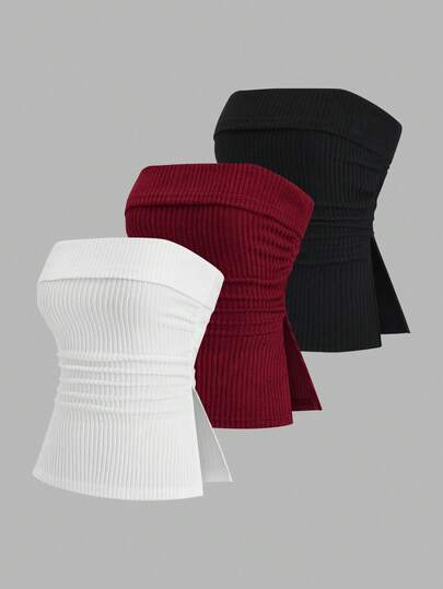 SHEIN PETITE 时尚美式性感女孩风格圣诞节多色派对搭配，简约独特设计侧开衩性感别致百搭女式上衣