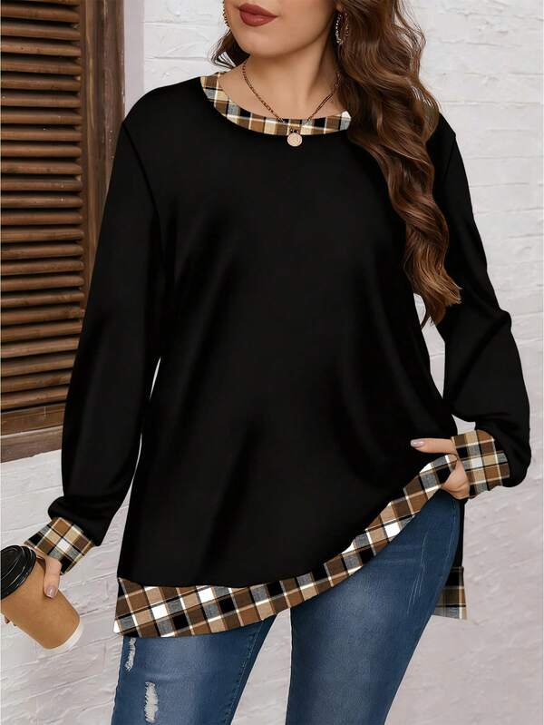 EMERY ROSE Plus Size Contrast Color Round Neck Plaid Drop Shoulder Long Sleeve Casual Versatile Women Sweatshirt Women Long Sleeve Tops Fall Tops Women Long Sleeve Black Top Black Top Women Blouses Long Sleeve Blouses/Winter