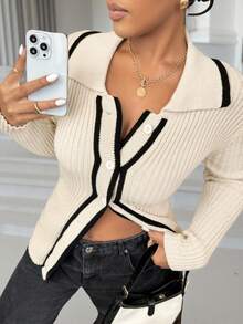 Calvaya Plus Size Women's Striped Long Sleeve Single-Breasted Casual Cardigan, Autumn/Winter Fall Cloth For Women - Apricot - View 7