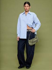 COUREZ Blue And White Stripe Oversized Long Sleeve Shirt With Back Print,Autumn Casual School Back-To-School Y2K Women's Blouses,Elegant Party Tops - Blue - View 2