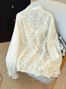 GlowEve CURVE Plus Size Women's Elegant White Summer Bridal Blouse,Chiffon Textured Bow V-Neck Pearl Frill Trim Long Sleeve,Versatile For Tea Party,Wedding & Dates - Apricot - View 2