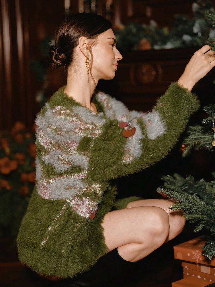 Women's Elegant Christmas & Halloween Vintage Colorblock Design Green Fuzzy V-Neck Long Sleeve Loose Cardigan With Colorful Sequin Decor