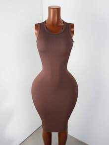 Zolique Solid Rib-Knit Bodycon Dress - Coffee Brown - View 3