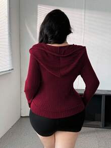 Vibekara Áo thun tay dài có khóa kéo bằng vải nỉ gân cỡ lớn - Màu Đỏ Sâu - Xem 2