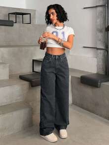 EURMUSE HIGH WAIST CASUAL STYLE DENIM STRAIGHT - Dark Grey - View 5