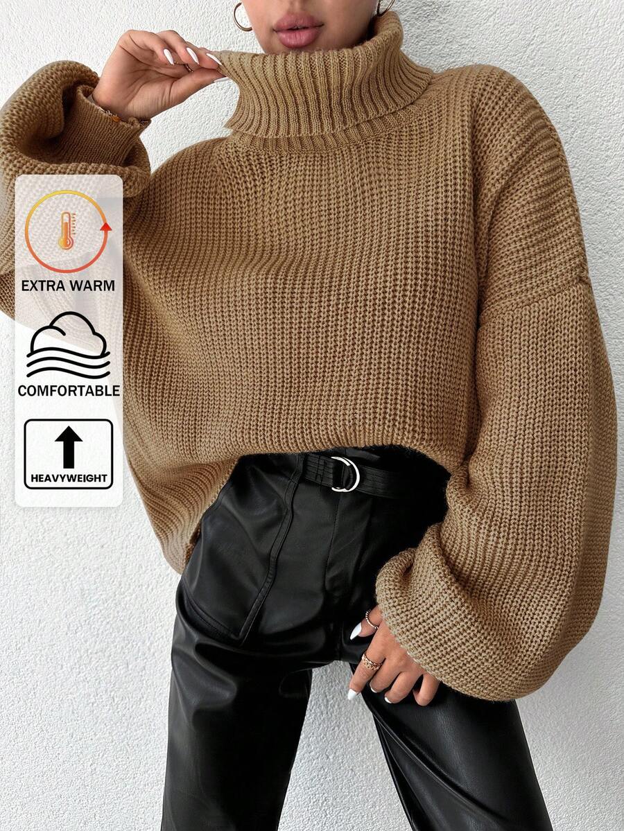 EURMUSE Women's Casual Solid Color Drop Shoulder Loose Turtleneck Sweater, Autumn/Winter - Unta - View 1